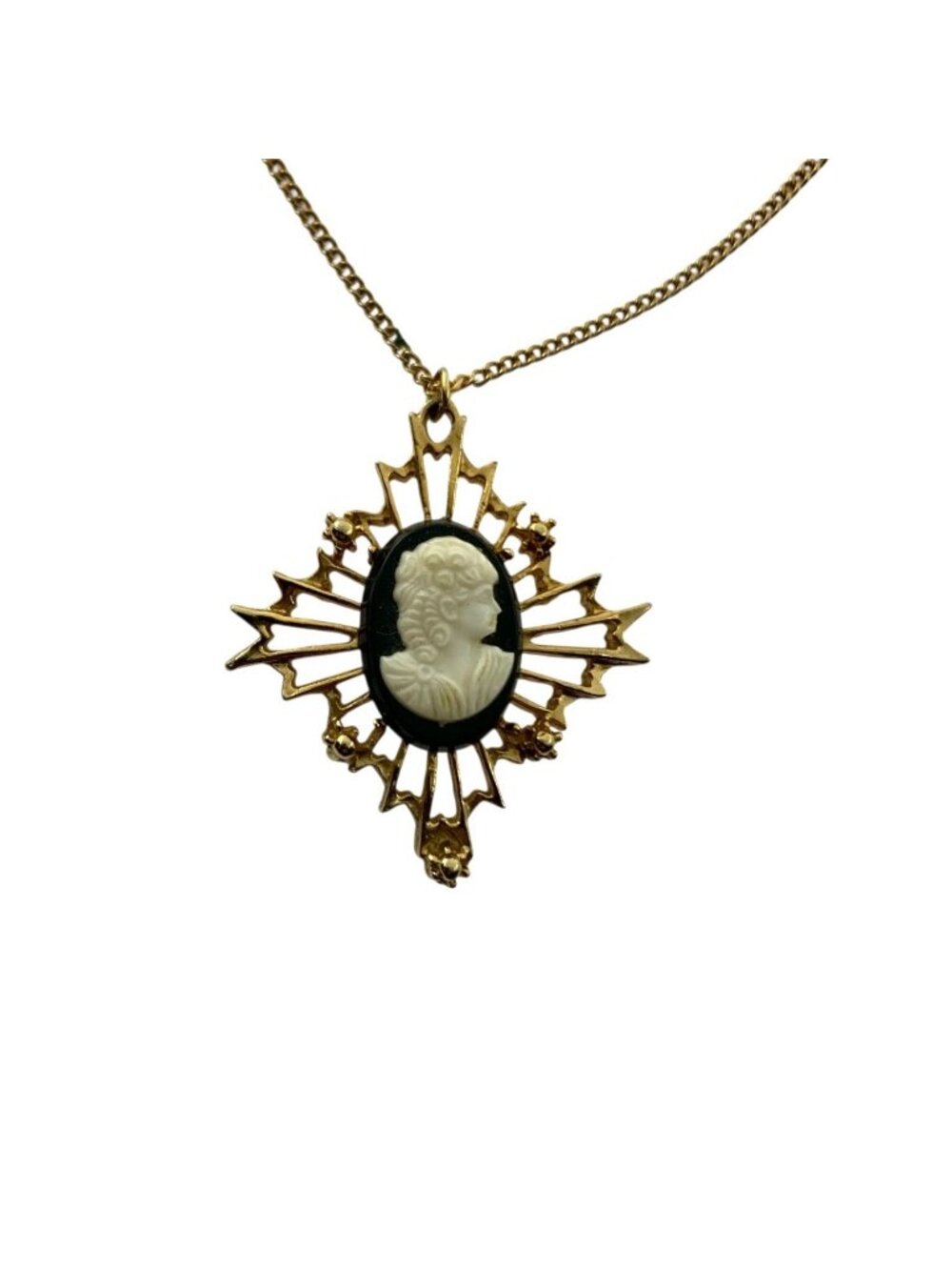Necklace Silhouette Cameo Pendant on Sunburst Design Vintage Victorian Style